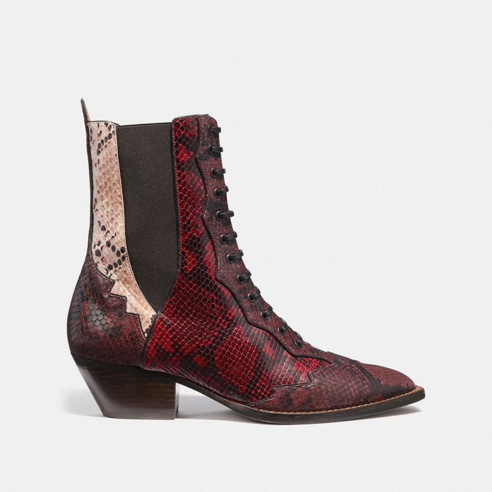 Lace Up Bootie With Patchwork Snake