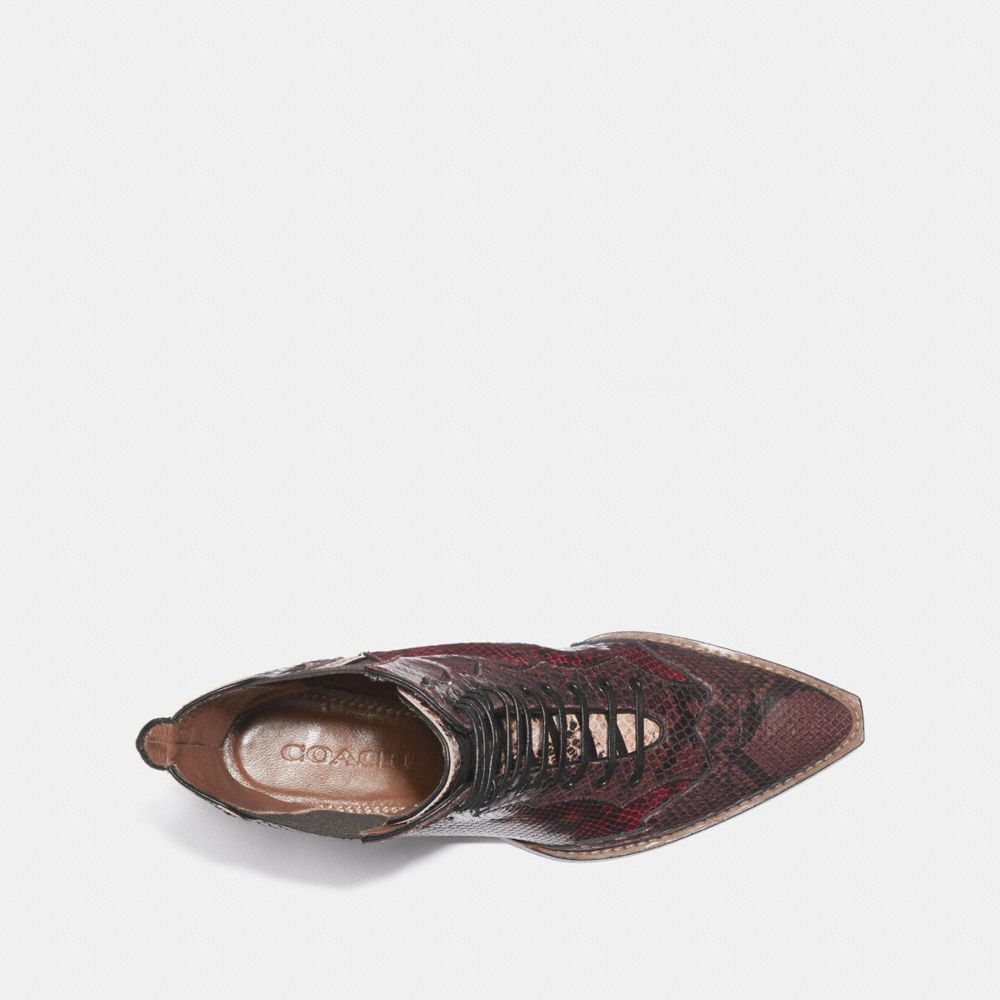 Lace Up Bootie With Patchwork Snake