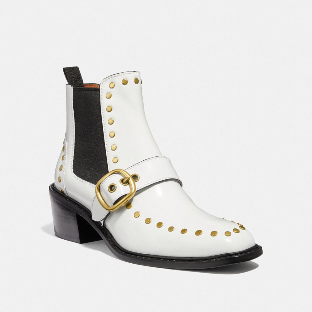 COACH®,NORA CHELSEA BOOTIE WITH STUDS,Leather,White,Front View