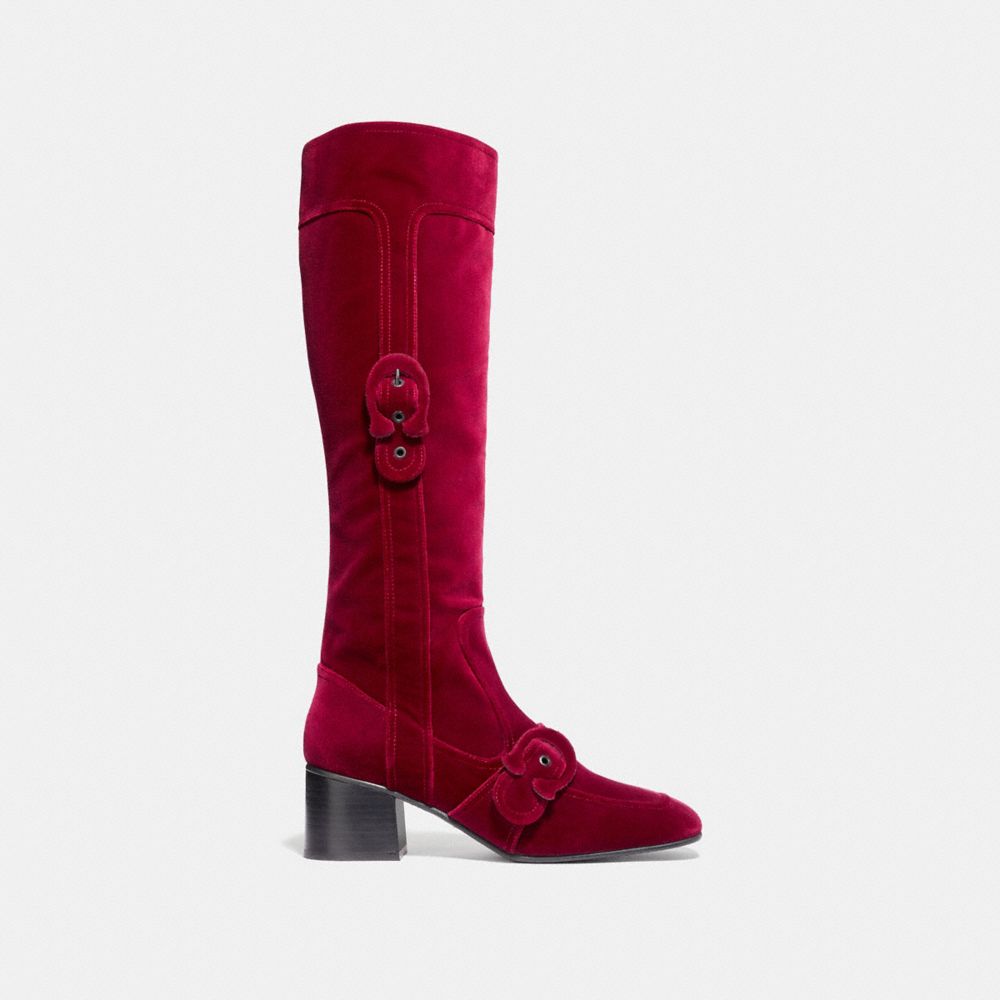COACH®,KNEE HIGH SIGNATURE BUCKLE BOOT,Velvet,Wine,Angle View