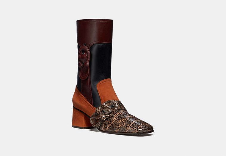 COACH®,SIGNATURE BUCKLE BOOTIE,Mixed Material,Cuoio/Ginger/Mahogany/Black,Front View