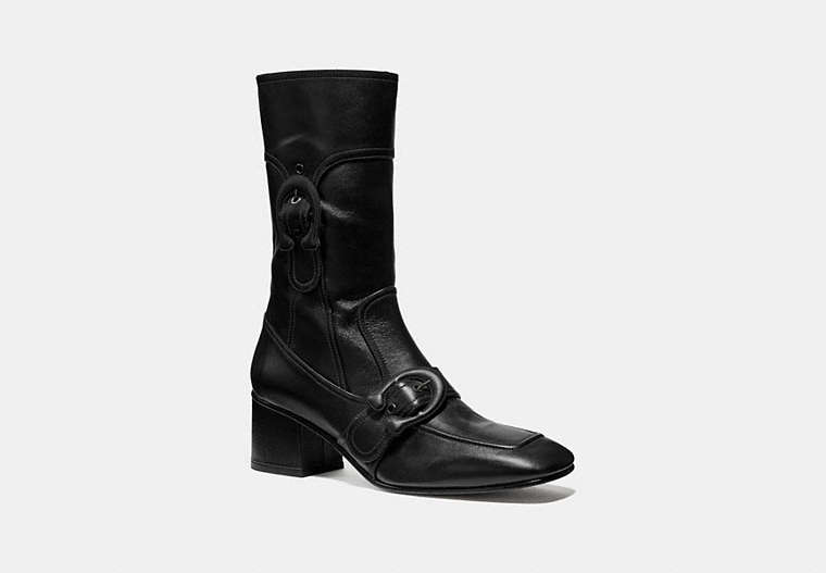 COACH®,SIGNATURE BUCKLE BOOTIE,Leather,Black,Front View