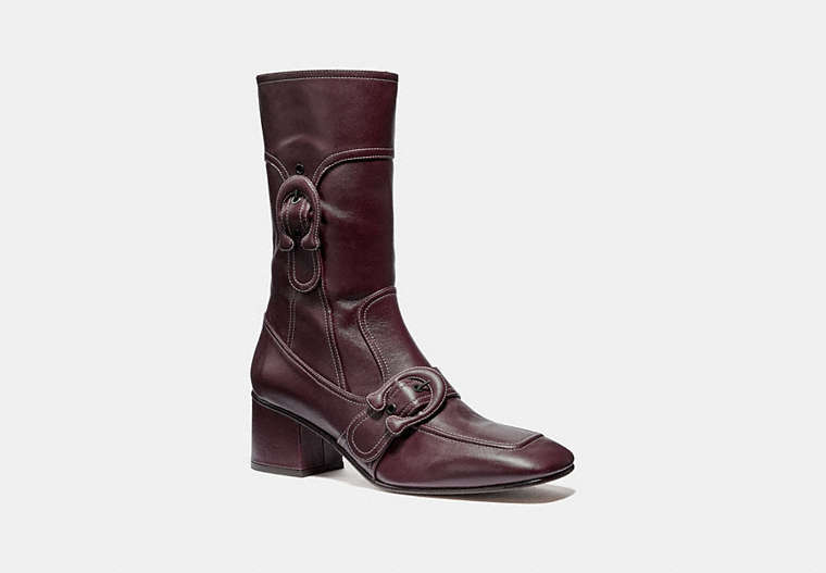 COACH®,SIGNATURE BUCKLE BOOTIE,Leather,Mahogany brown,Front View