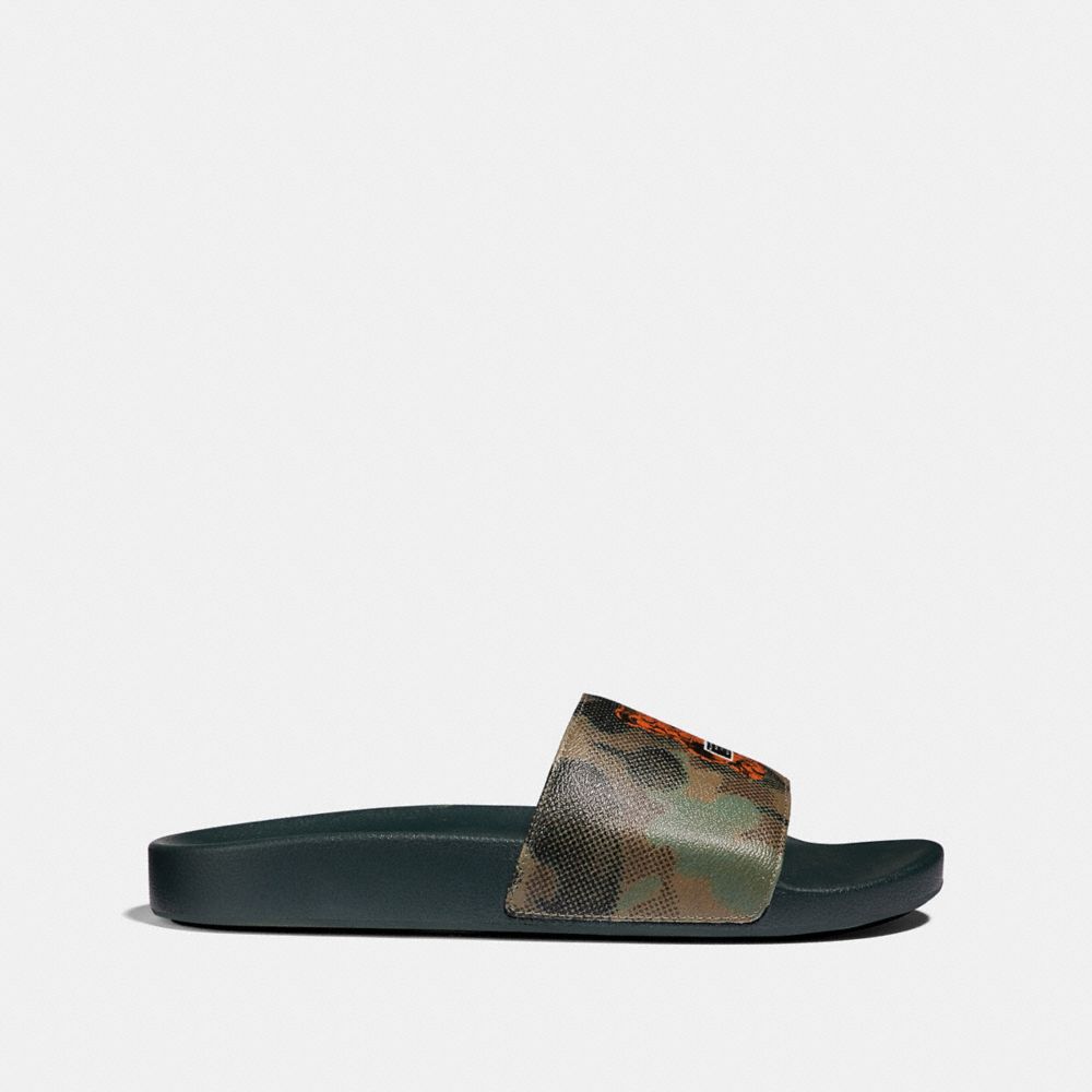 COACH®,VANDAL GUMMY COACH EDITION SLIDE,Coated Canvas,MILITARY WILD BEAST,Angle View