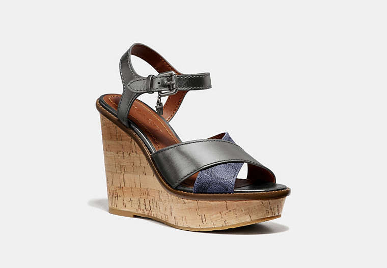 COACH®,CROSS BAND HIGH WEDGE SANDAL,Mixed Material,Charcoal/Gunmetal,Front View