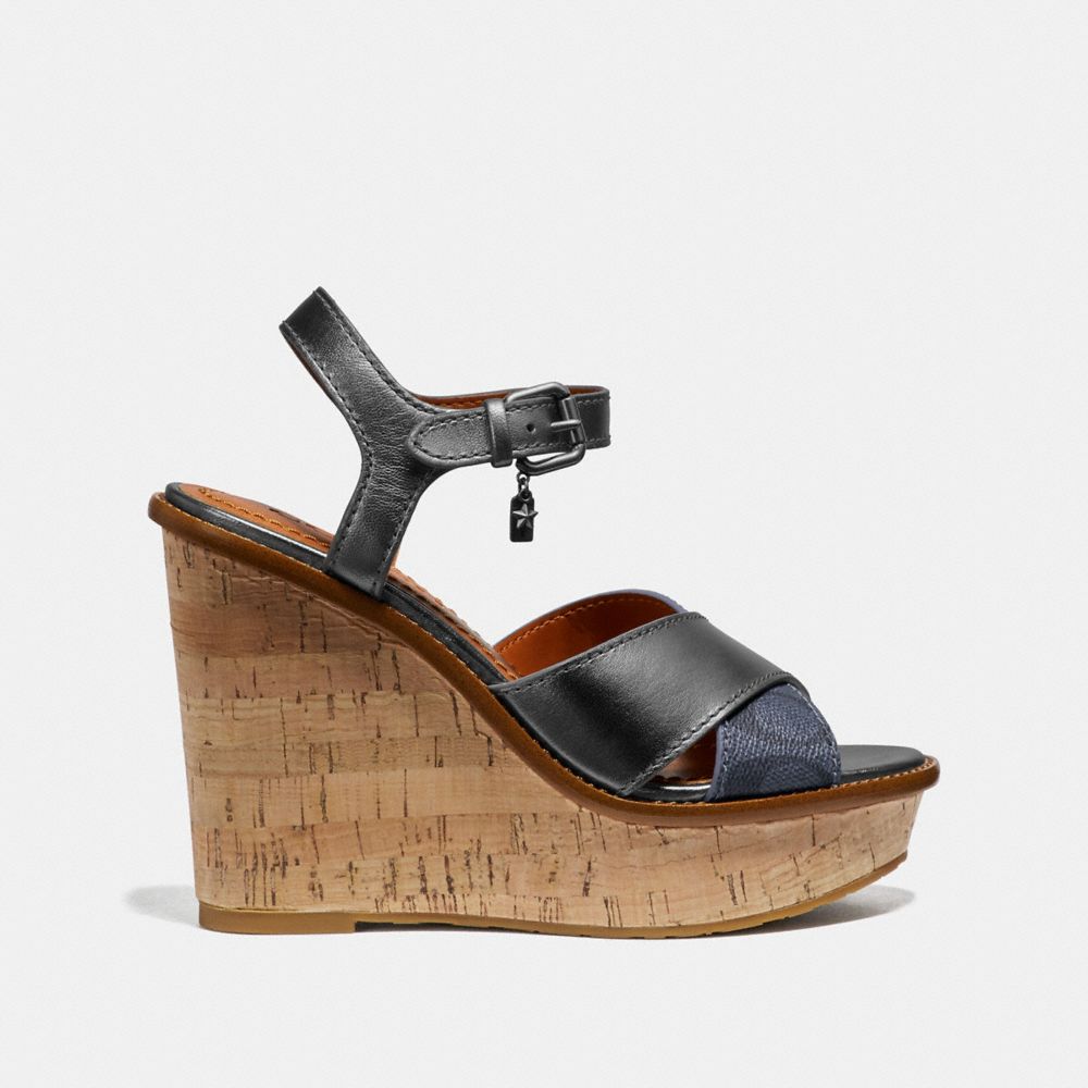 COACH®,CROSS BAND HIGH WEDGE SANDAL,Mixed Material,Charcoal/Gunmetal,Angle View