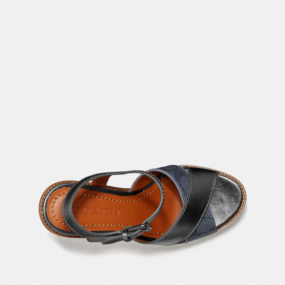COACH®,CROSS BAND HIGH WEDGE SANDAL,Mixed Material,Charcoal/Gunmetal,Inside View,Top View