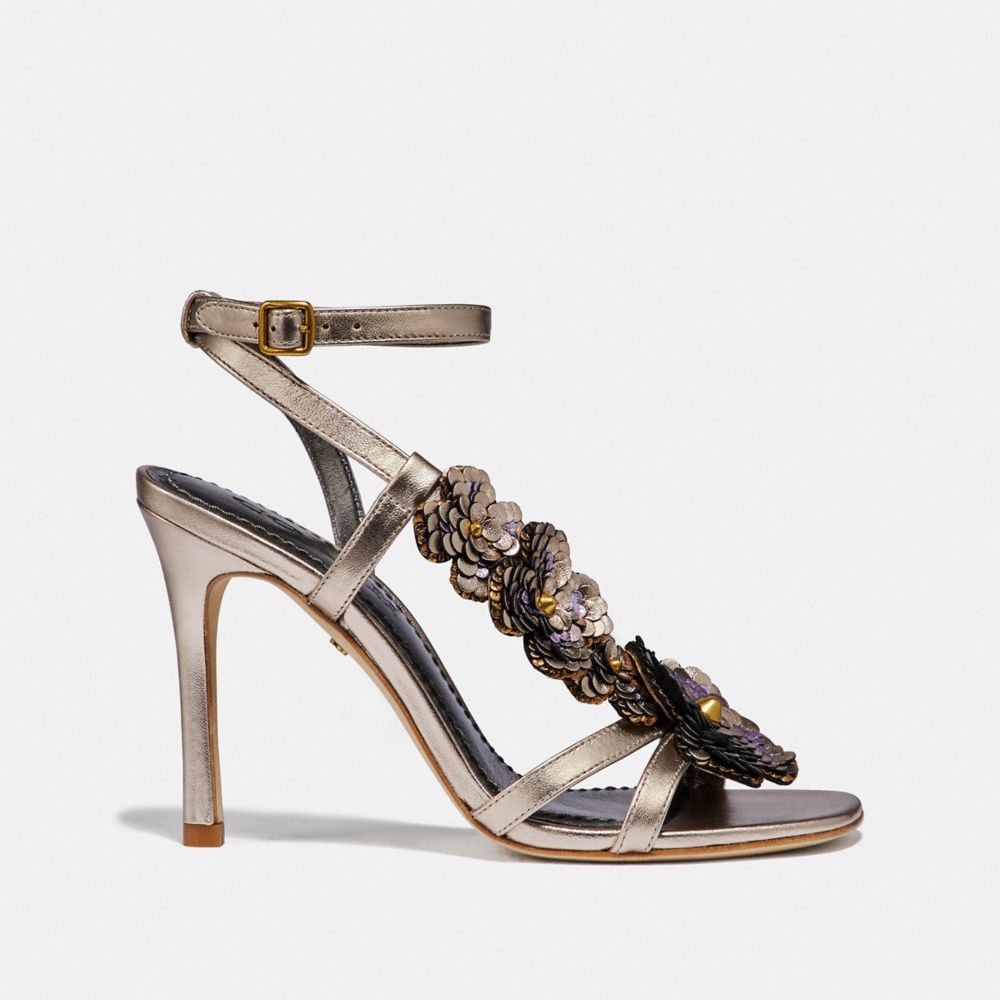 COACH®,BIANCA SANDAL WITH LEATHER PAILLETTES,metallicleather,CHAMPAGNE,Angle View