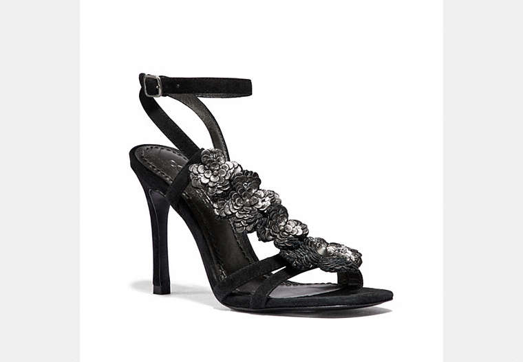 COACH®,BIANCA SANDAL WITH LEATHER PAILLETTES,Suede,Black,Front View
