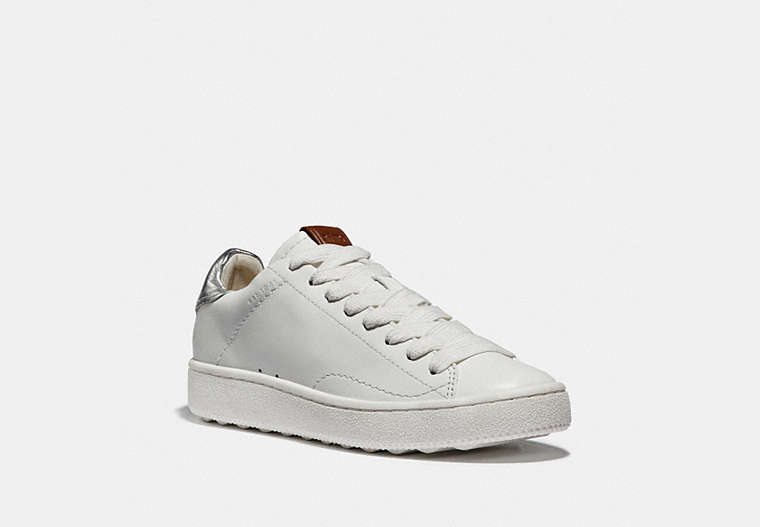 COACH®,C101 LOW TOP SNEAKER,Metallic Leather,White/Silver,Front View