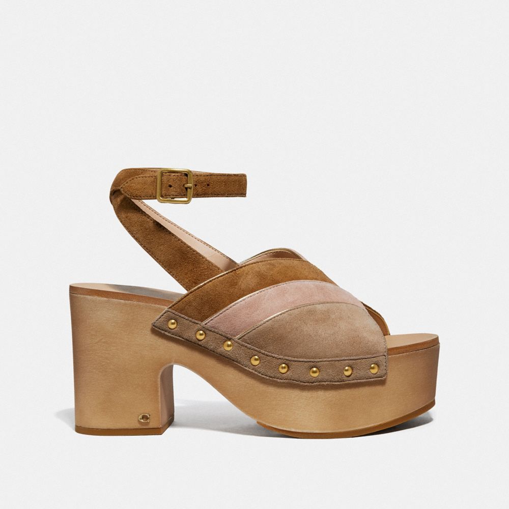 COACH®,NETTIE CLOG SANDAL,Suede,Oat/Pale Blush,Angle View