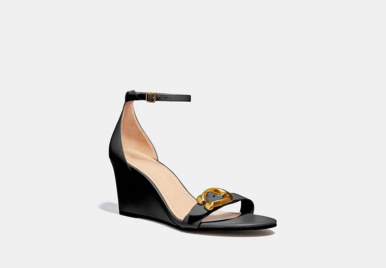 COACH®,ODETTA WEDGE SANDAL,Leather,Black,Front View