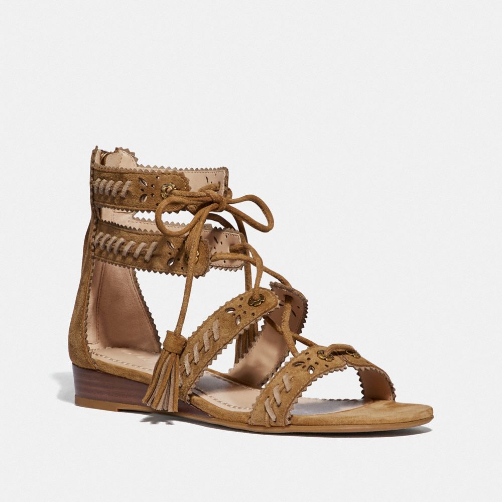 COACH®,VIA DEMI WEDGE SANDAL,Suede,Peanut/Oat,Front View