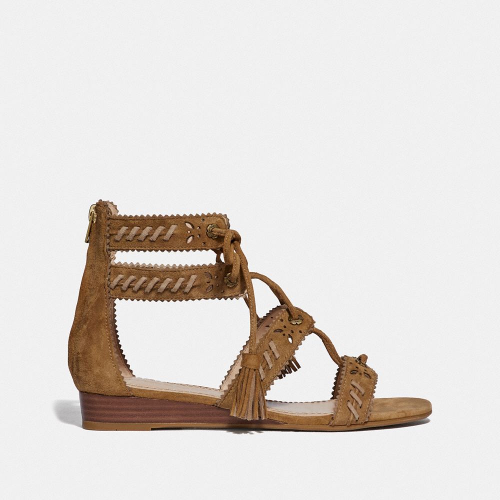 COACH®,VIA DEMI WEDGE SANDAL,Suede,Peanut/Oat,Angle View