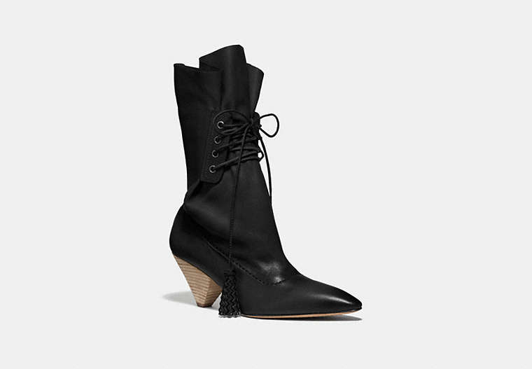 COACH®,LACE UP TASSLE BOOT,Leather,Black,Front View