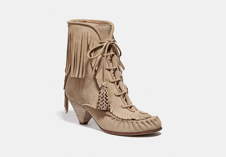 COACH®,FRINGE BOOT,Suede,LIGHT TAN,Front View