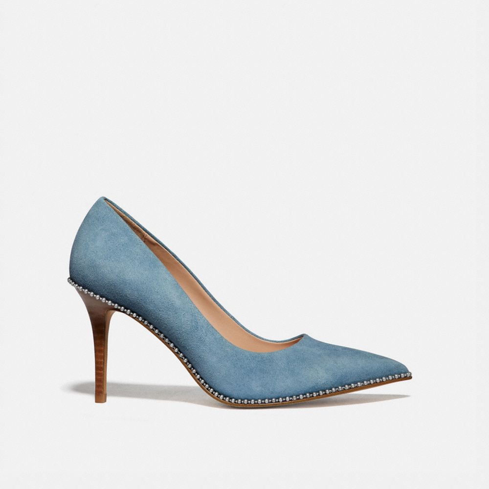 COACH®,WAVERLY PUMP,Suede,Pacific Blue,Angle View