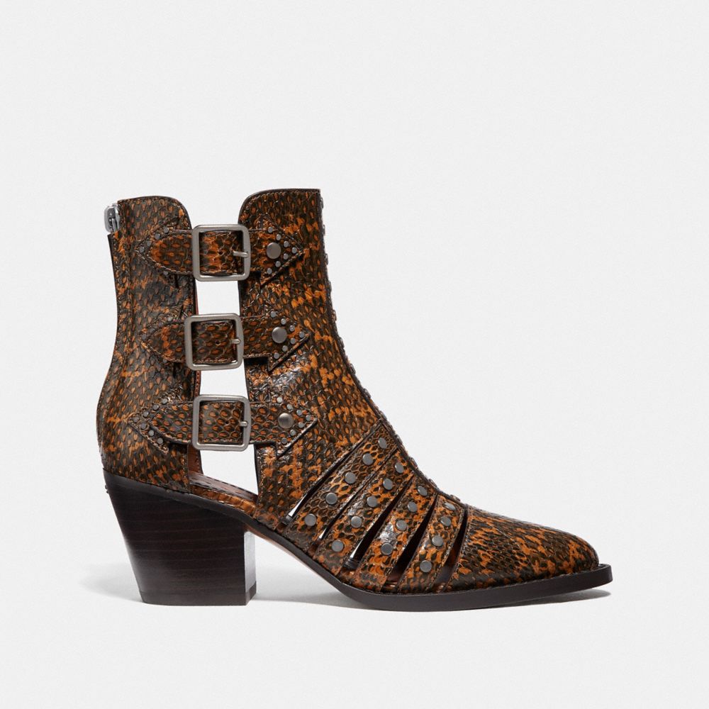 COACH®,PHEOBE BOOTIE IN SNAKESKIN,reptile,Burnt Sienna,Angle View
