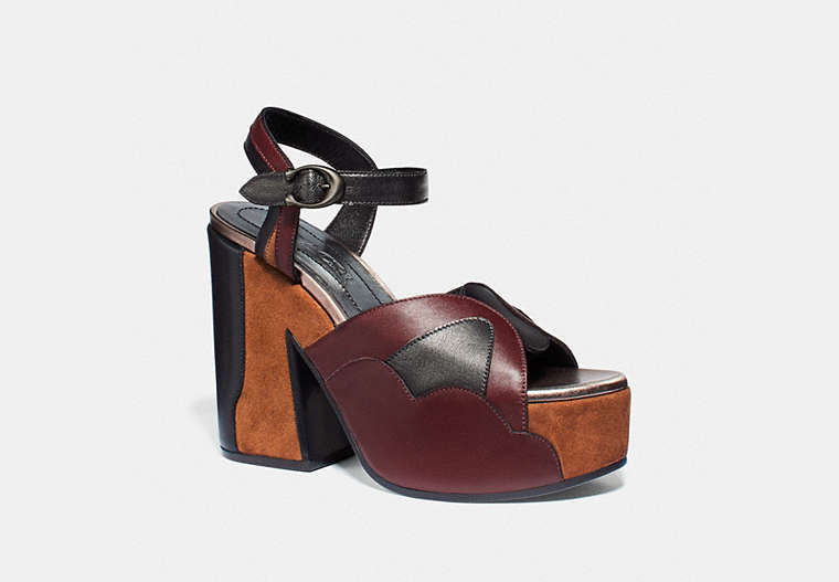 COACH®,PLATFORM SANDAL,Mixed Material,Mahogany/Biscotti/Black,Front View image number 0