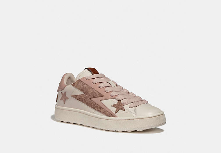 COACH®,C101 LOW TOP SNEAKER WITH GLAM ROCK,Leather,Chalk/Pale Blush,Front View image number 0