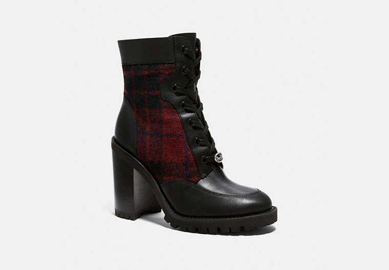 COACH®,HEDY BOOTIE,plaid,RED/BLACK,Front View