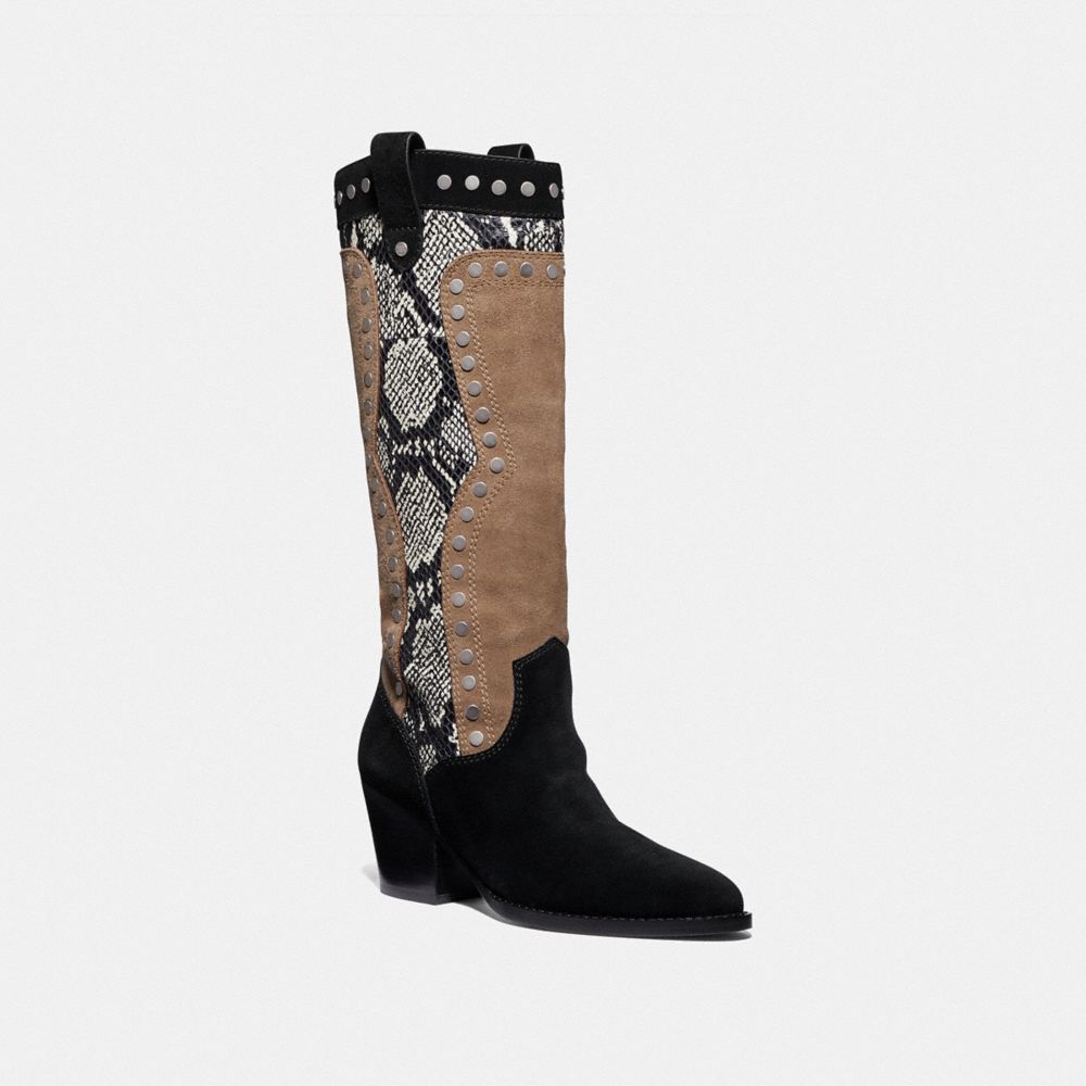 COACH®,PAYTON WESTERN BOOT,Leather/Suede,Black/Mushroom,Front View image number 0