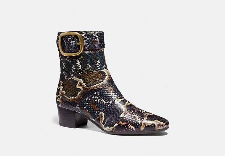 COACH®,CASSANDRA BOOTIE IN SNAKESKIN,reptile,Oxblood/Natural Multi,Front View