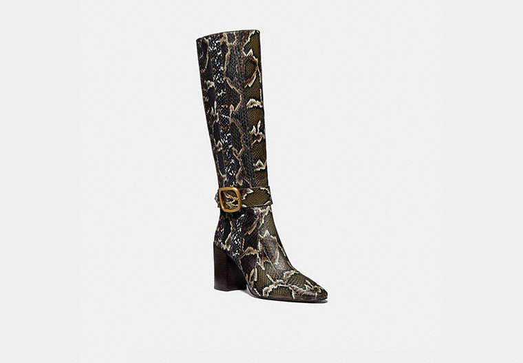 COACH®,EVELYN BOOT IN SNAKESKIN,reptile,Oxblood/Natural Multi,Front View