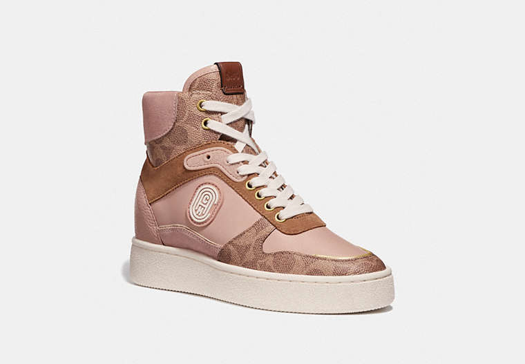 COACH®,C220 HIGH TOP SNEAKER WITH COACH PATCH,Leather/Coated Canvas,Tan/Pale Blush,Front View