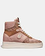 COACH®,C220 HIGH TOP SNEAKER WITH COACH PATCH,Leather/Coated Canvas,Tan/Pale Blush,Angle View