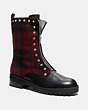 COACH®,LAURA COMBAT BOOTIE,Leather/Plaid,Black/Black Red,Front View