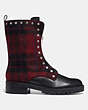 COACH®,LAURA COMBAT BOOTIE,Leather/Plaid,Black/Black Red,Angle View
