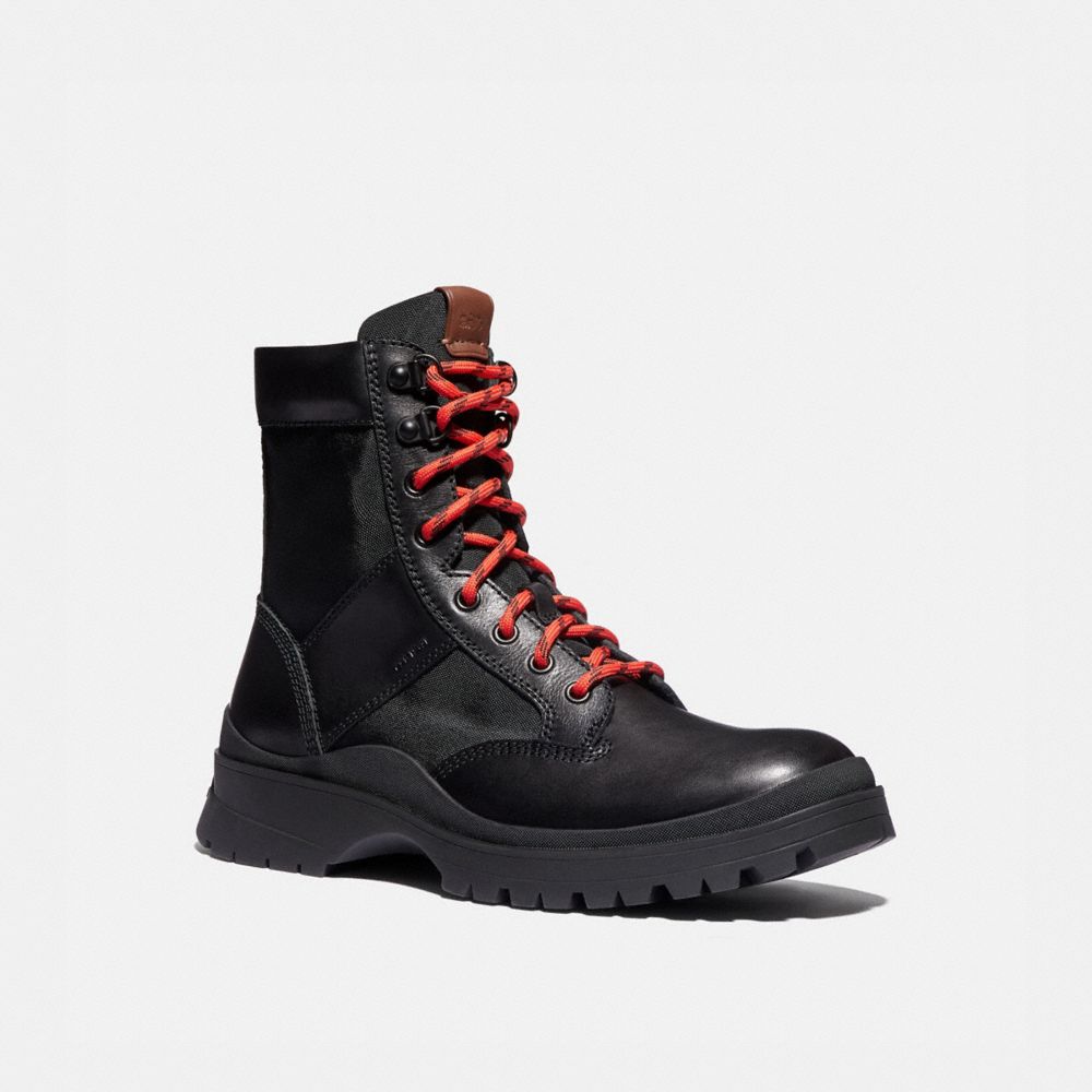 COACH®,UTILITY BOOT,Leather/Cordura,Black,Front View