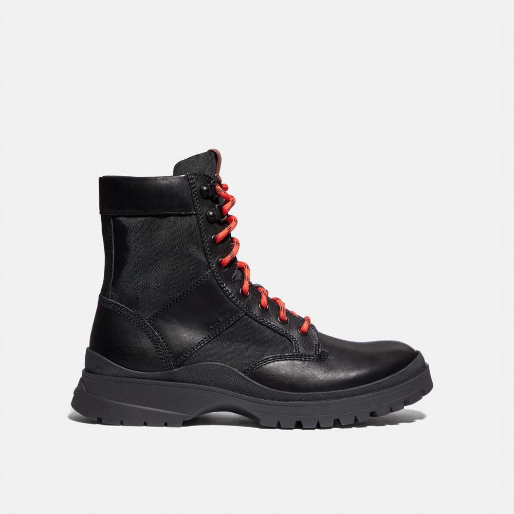 COACH®,UTILITY BOOT,Leather/Cordura,Black,Angle View