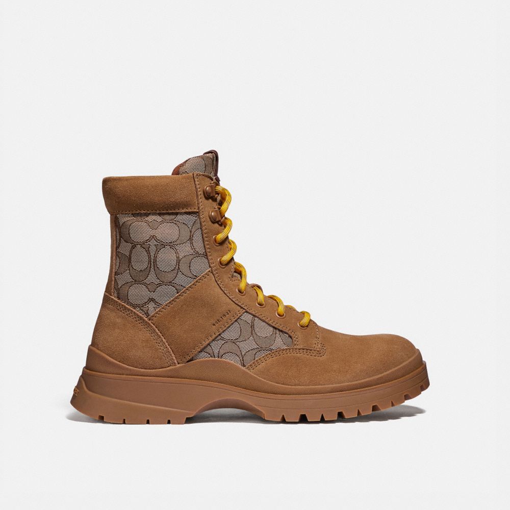 COACH®,UTILITY BOOT,Leather/Cordura,Peanut,Angle View