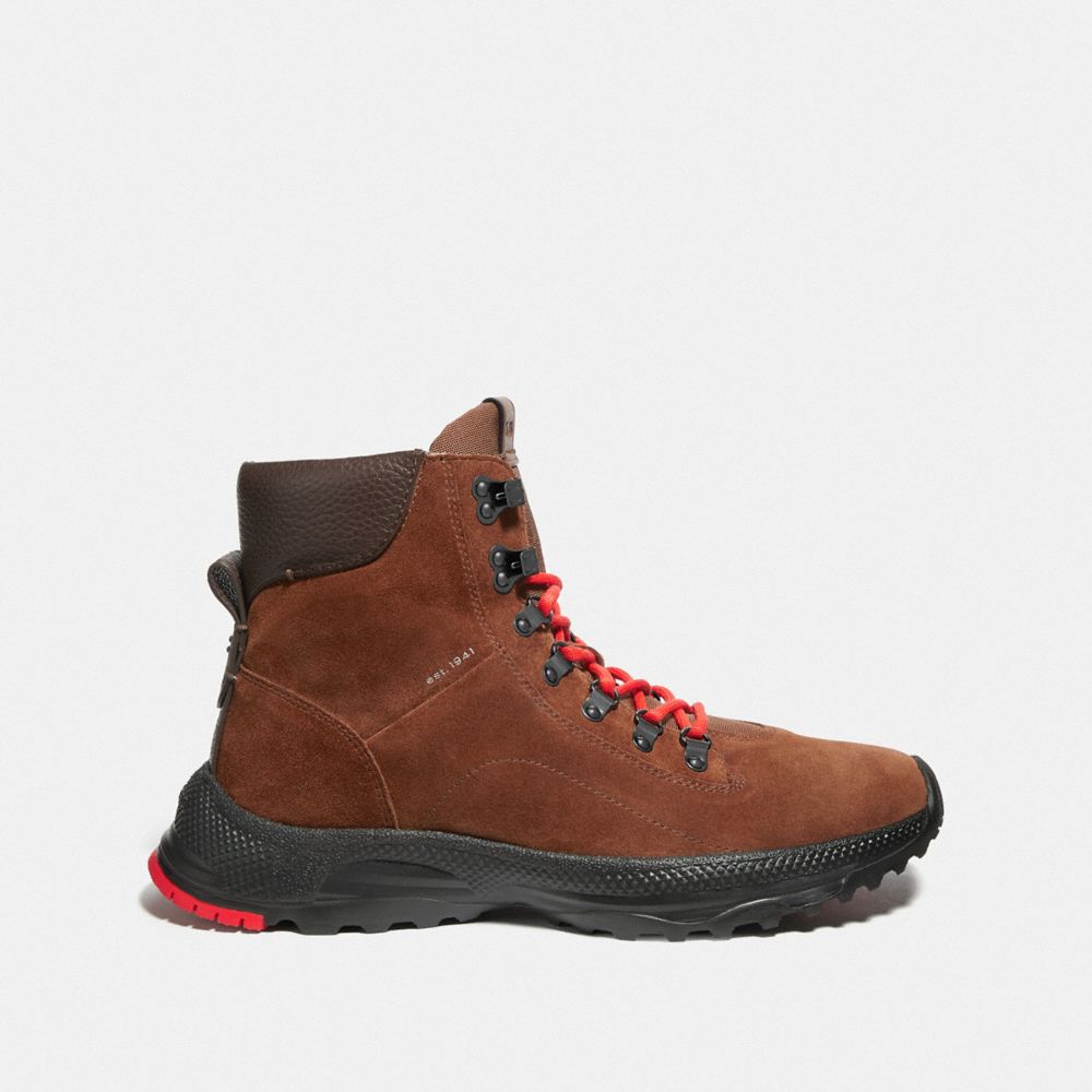 COACH®,COACH CITY HIKER BOOT,Suede,Saddle,Angle View