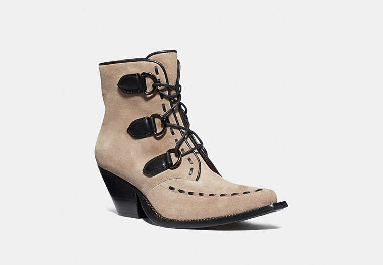 COACH®,LACE UP CHAIN BOOTIE,Suede,Oat,Front View