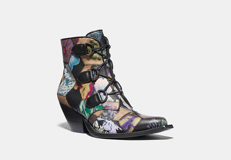 COACH®,LACE UP CHAIN BOOTIE WITH KAFFE FASSETT PRINT,mixedmaterial,TAN MULTI,Front View