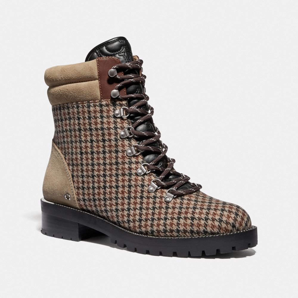 COACH®,LORREN BOOTIE WITH HOUNDSTOOTH PRINT,Leather/Tweed/Suede,Oat/Tan Brown,Front View image number 0