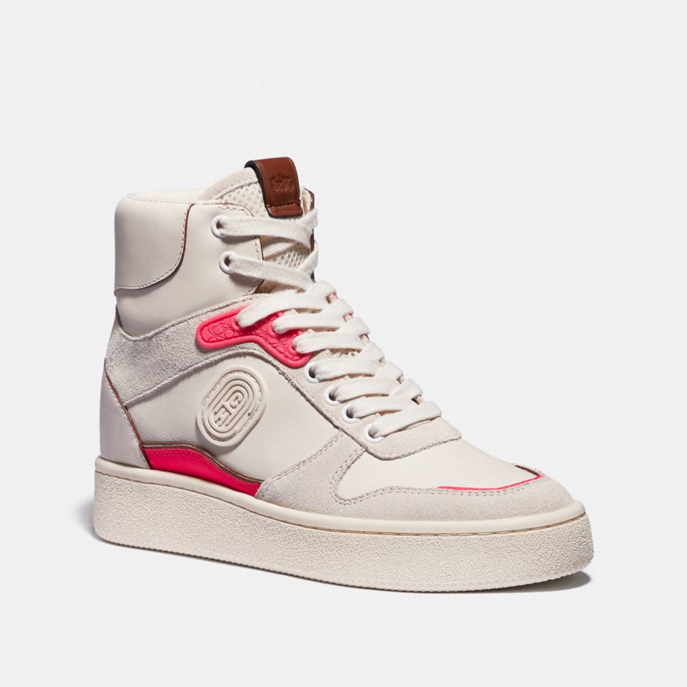 COACH®,C220 HIGH TOP SNEAKER,mixedmaterial,Chalk/Fluo Pink,Front View image number 0