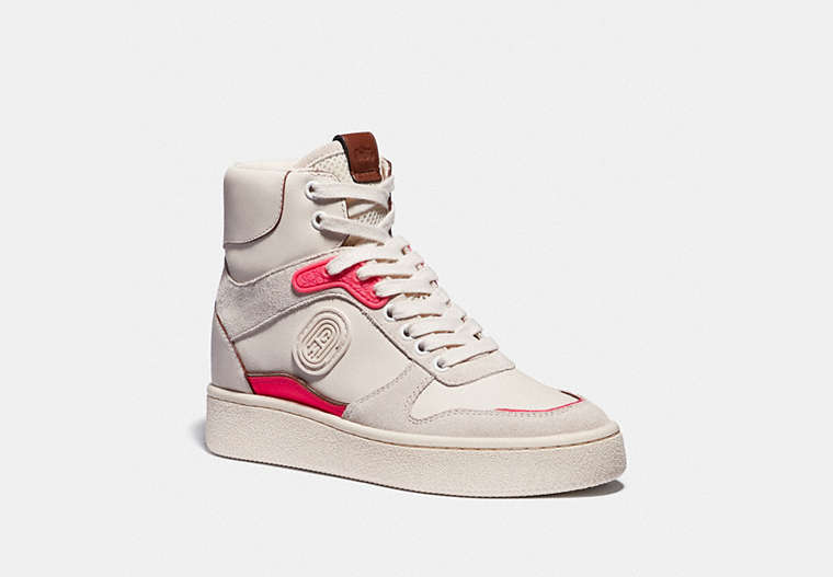 COACH®,C220 HIGH TOP SNEAKER,mixedmaterial,Chalk/Fluo Pink,Front View image number 0