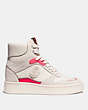 COACH®,C220 HIGH TOP SNEAKER,mixedmaterial,Chalk/Fluo Pink,Angle View