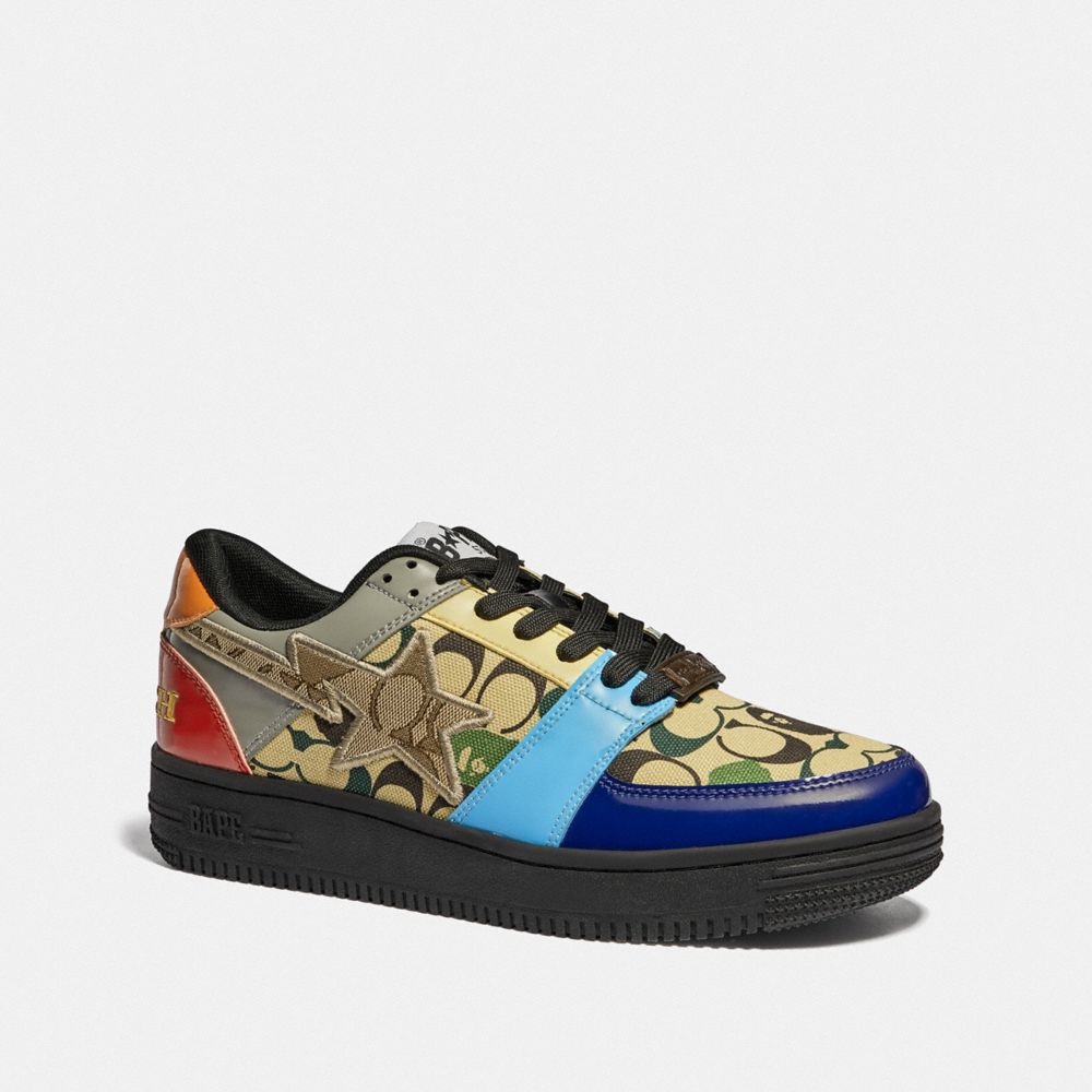 COACH®,BAPE X COACH BAPESTA SNEAKER WITH STA MOTIF IN SIGNATURE CANVAS WITH APE HEAD,Signature Coated Canvas/Coa...,Camo Multi,Front View image number 0