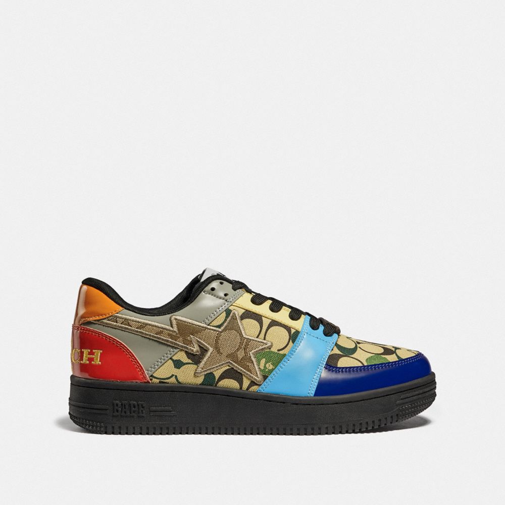 COACH®,BAPE X COACH BAPESTA SNEAKER WITH STA MOTIF IN SIGNATURE CANVAS WITH APE HEAD,Signature Coated Canvas/Coa...,Camo Multi,Angle View