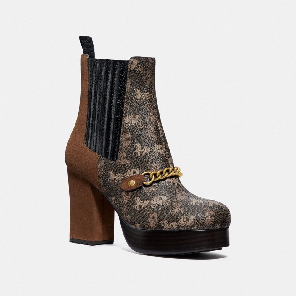 COACH®,CHELSEA PLATFORM BOOTIE WITH HORSE AND CARRIAGE PRINT,mixedmaterial,Brown/Saddle,Front View image number 0