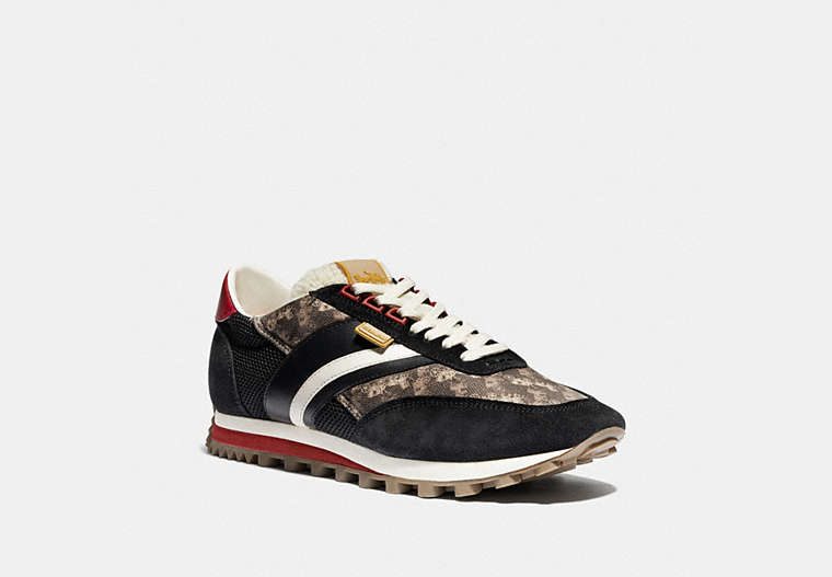 COACH®,C180 LOW TOP SNEAKER WITH HORSE AND CARRIAGE PRINT,Leather/Suede,Multi Black,Front View image number 0