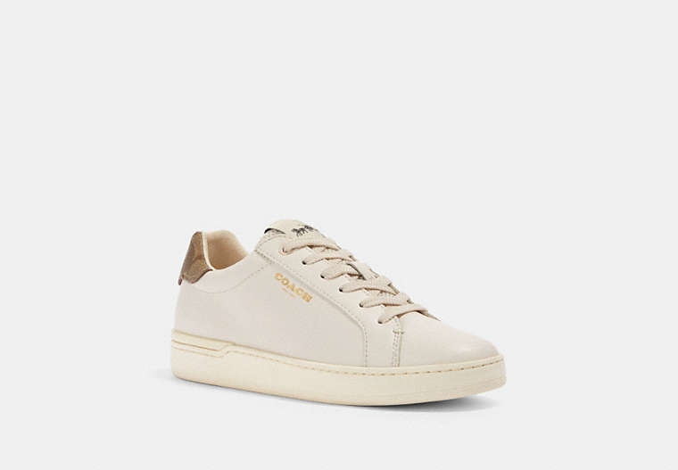 COACH®,CLIP LOW TOP SNEAKER,Leather,Chalk/Khaki,Front View image number 0