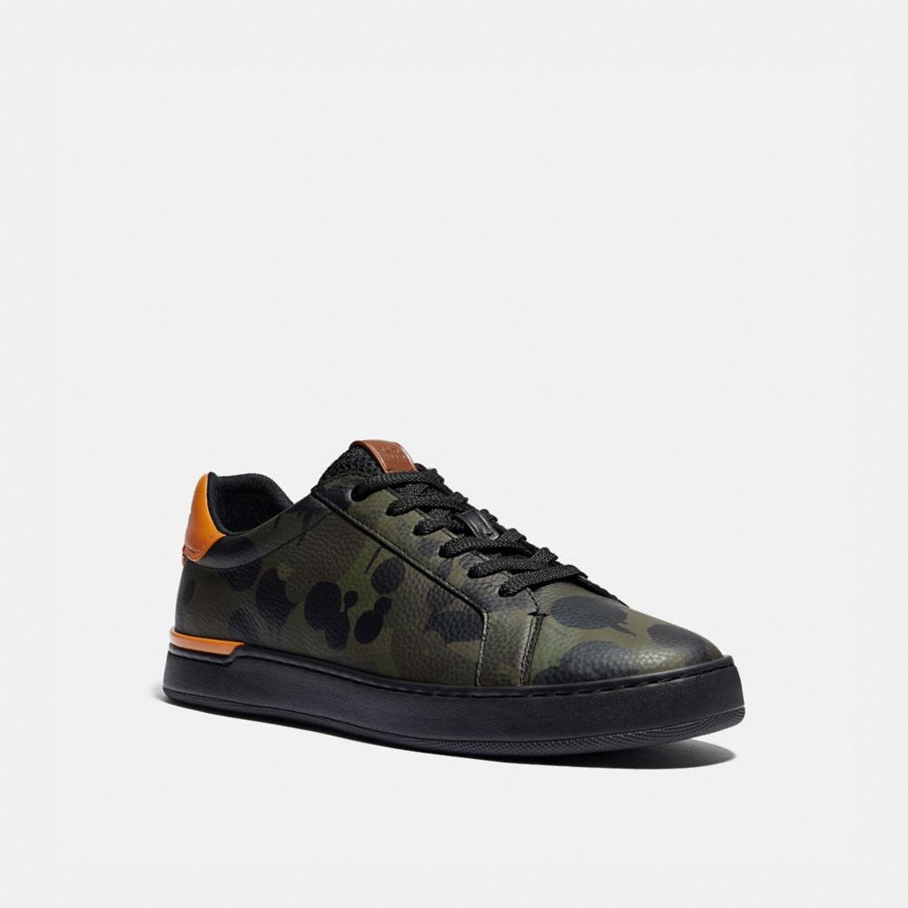 COACH®,LOWLINE LOW TOP SNEAKER WITH CAMO PRINT,Leather,Military Wildbeast/Clementine,Front View image number 0
