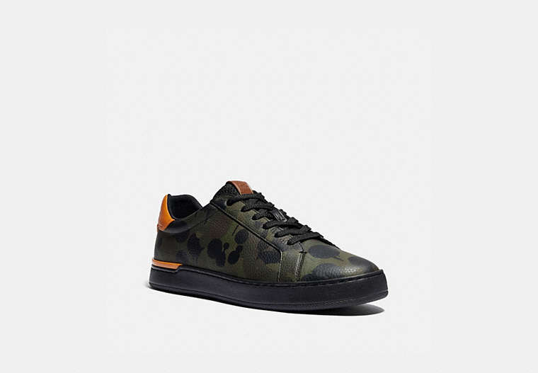 COACH®,LOWLINE LOW TOP SNEAKER WITH CAMO PRINT,Leather,Military Wildbeast/Clementine,Front View image number 0