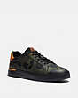 COACH®,LOWLINE LOW TOP SNEAKER WITH CAMO PRINT,Leather,Military Wildbeast/Clementine,Front View